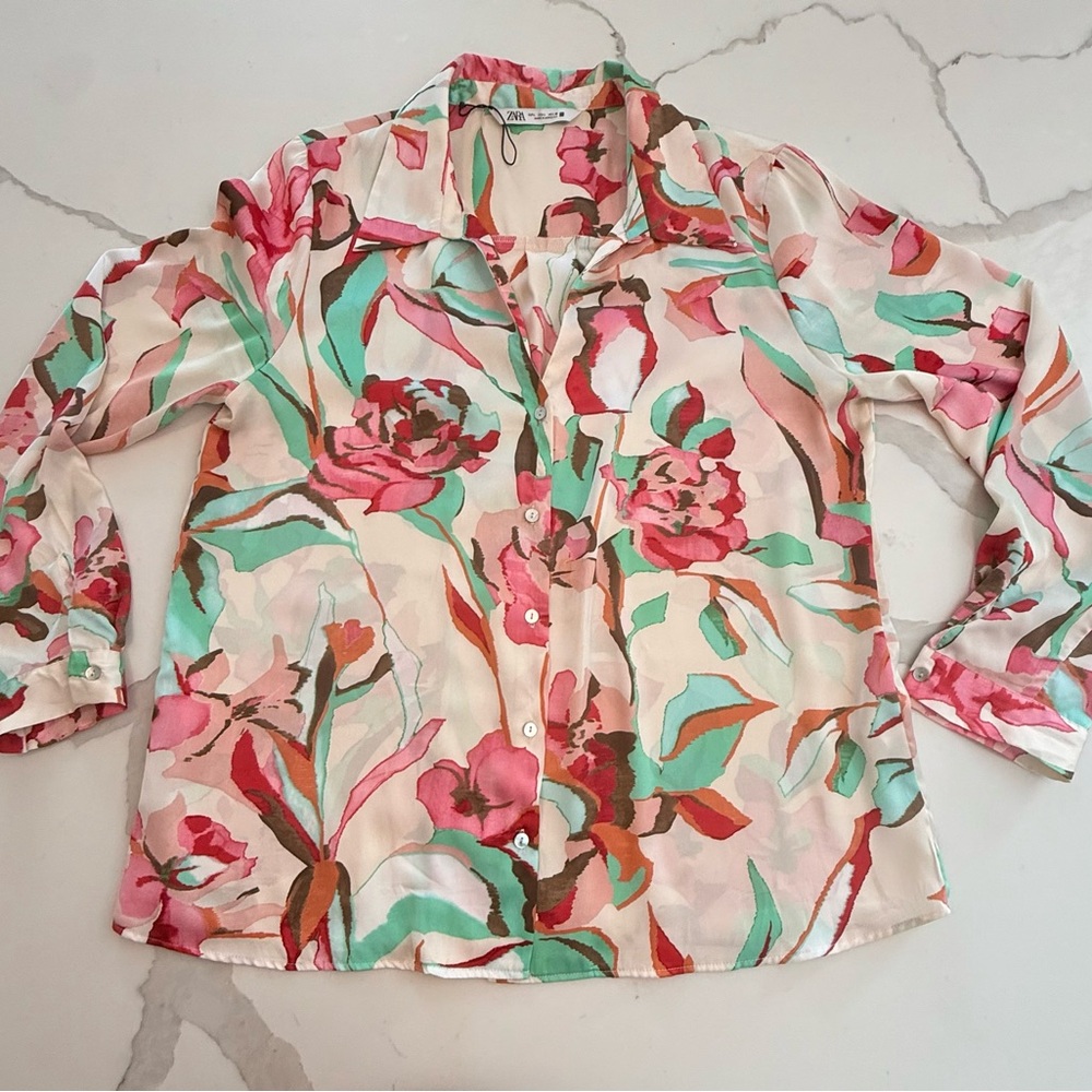 Zara Floral Button-Down Blouse - Pink & Mint